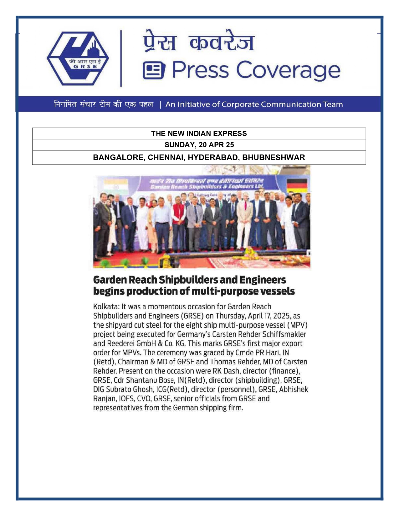 Press Coverage : GRSE CELEBRATES 66Th RAISING DAY 